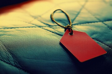 Red tag on textured leather surface with warm lighting