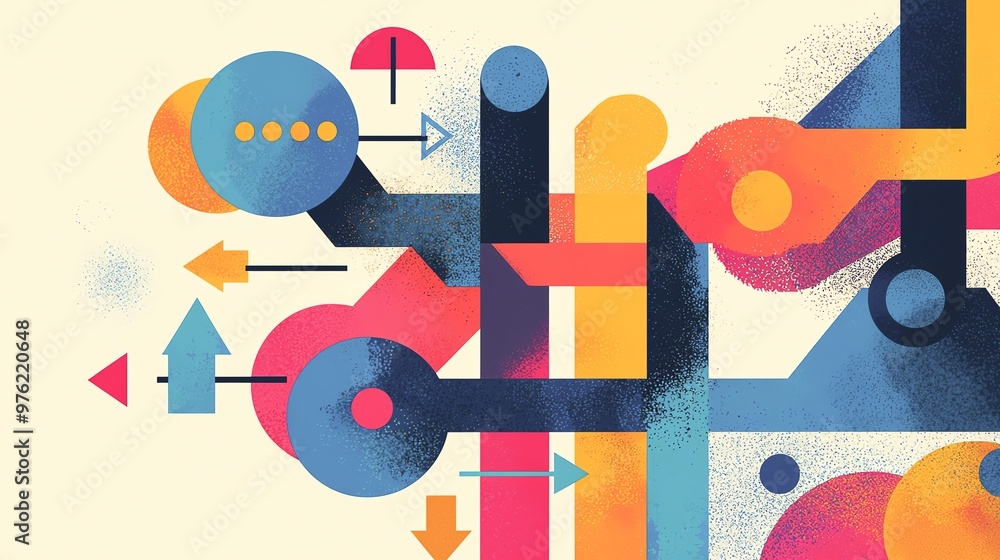 Poster colorful abstract shapes and arrows create a dynamic composition, perfect for modern designs and cre
