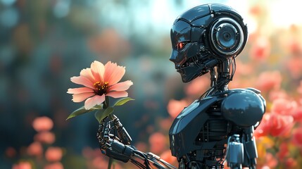 Fototapeta premium A robot holds out a flower in a field of blooms.