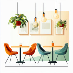 Modern cafe interior featuring stylish chairs, plants, and decorative lighting, perfect for creating a cozy atmosphere.