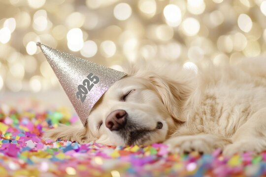 Golden retriever sleeping peacefully with 2025 new year party hat and colorful confetti
