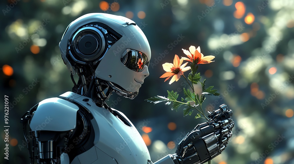 Poster a robot with a human-like face holds a flower in its robotic hand.