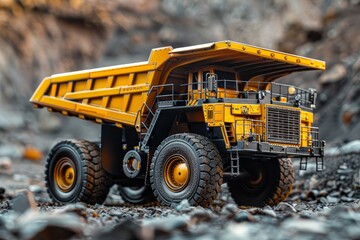 The yellow dump truck model rests on gravelly ground, highlighting its size and intricate details. The rocky backdrop emphasizes its purpose in construction and mining environments.