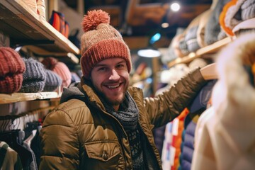 Obraz premium A man wearing a hat and jacket in a store, possibly shopping or browsing