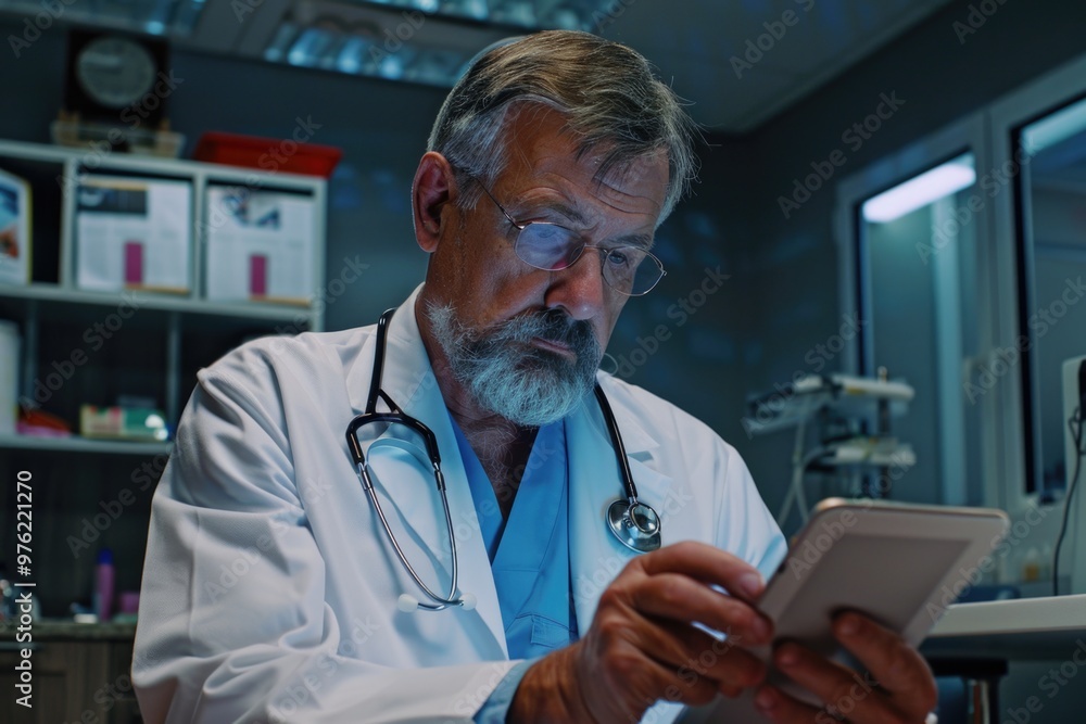 Poster A scientist or researcher in a white lab coat is using a cell phone, possibly checking information or taking notes