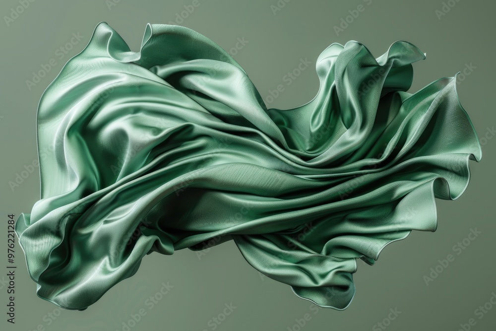 Poster a detailed view of a green cloth on a neutral gray background, ideal for use in textile or interior 
