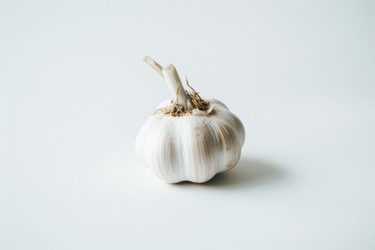 A close-up of a single garlic bulb on a white surface