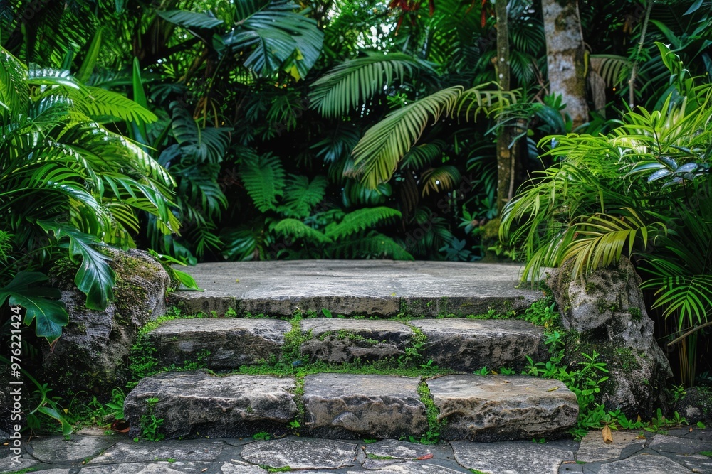 Poster steps leading up to a lush green forest with dense foliage and possibly hidden secrets