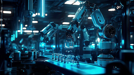 Fototapeta premium Photorealistic scene of robots assembling parts, glowing blue lights, ultra-realistic environment
