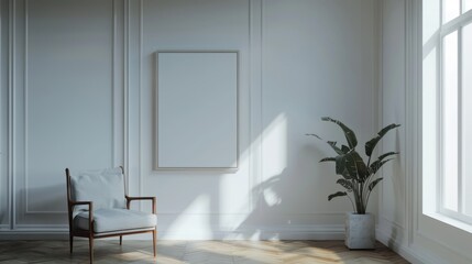 A chair in a cozy room with a picture frame on the wall, great for interior design or lifestyle images