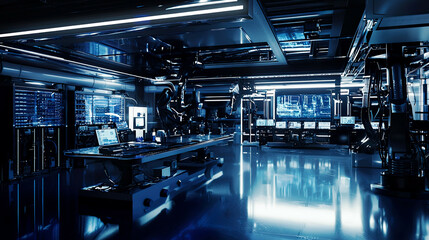 Naklejka premium Photorealistic shot of advanced robotics lab with glossy metallic surfaces, glowing control panels, cinematic lighting, ultra-detailed, futuristic atmosphere