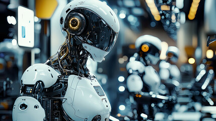 Fototapeta premium Photorealistic shot of robots in a high-tech lab, intricate mechanical details, crisp lighting