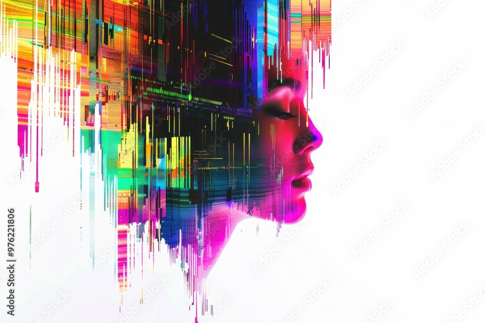 Poster A person's face with vibrant colors and patterns in the background