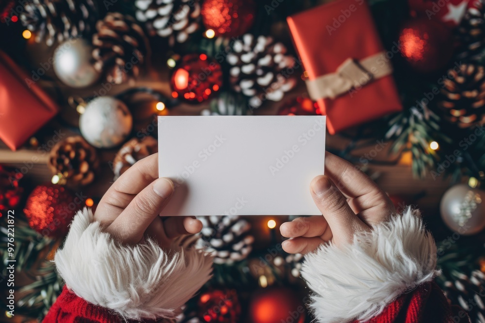 Canvas Prints A person holding a Christmas card in front of a decorated tree, perfect for holiday greeting cards or winter-themed projects