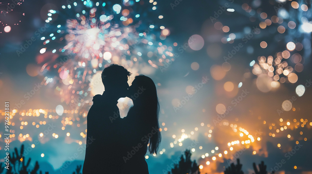 Wall mural A romantic couple embracing under a sky filled with fireworks, the cityscape in the background is aglow with bright lights. The figures are silhouetted against the glowing bursts of orange 