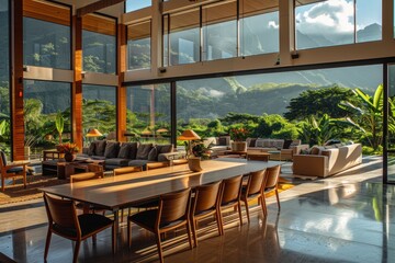 Fototapeta premium A large open living room with a long dining table and chairs