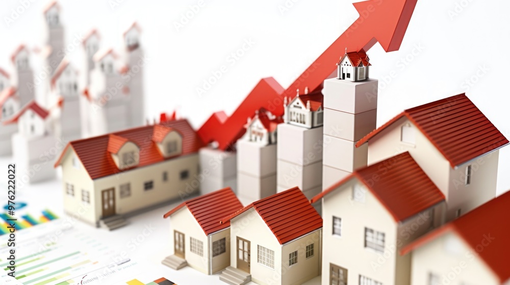 Poster A row of houses with a red arrow pointing upwards, possibly indicating direction or guidance