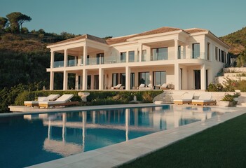 Fototapeta premium A beautiful white house with a refreshing pool in front