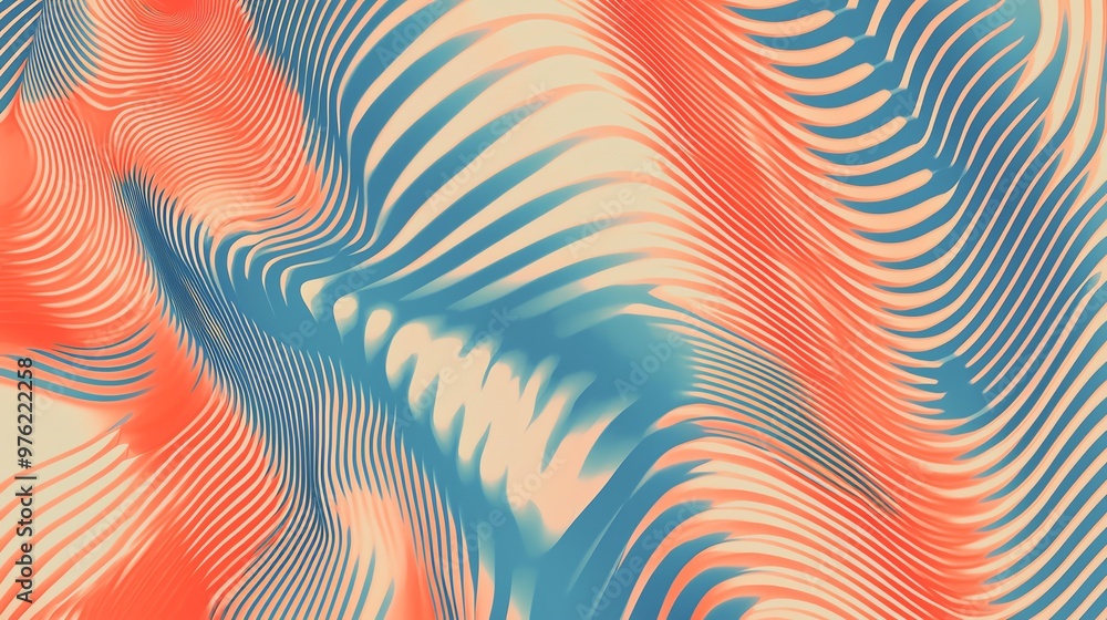 Poster vibrant abstract wave pattern in blue and coral, blending lines and curves for a modern artistic tou
