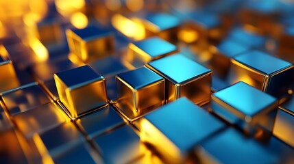 Fototapeta premium 3d rendering of golden and blue abstract geometric background. Scene for advertising, technology, showcase, banner, game, sport, cosmetic, business, metaverse. Sci-Fi Illustration. Product display
