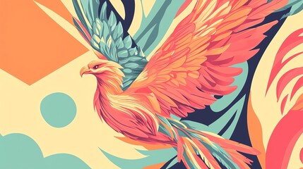 Vibrant illustration of a mythical bird in flight, showcasing colorful feathers against an abstract background.
