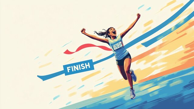 A vibrant illustration of a woman running joyfully to finish line ,concept success happy wellness