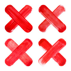 Bold thick red hand painted X or cross mark with round corner textured brush strokes watercolor ink transparent background, choice mistake error cancel incorrect.