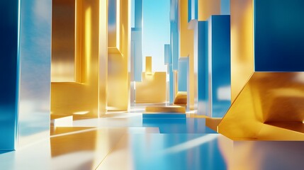 Fototapeta premium 3d rendering of golden and blue abstract geometric background. Scene for advertising, technology, showcase, banner, game, sport, cosmetic, business, metaverse. Sci-Fi Illustration. Product display