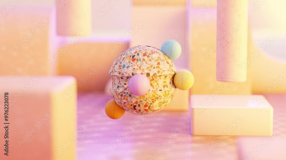 Poster 3D rendering of small colorful balls rotating on mosaic sphere in loop