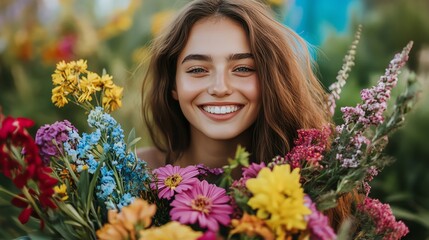 Naklejka premium Smiling woman with long brown hair holding colorful flowers in a field.