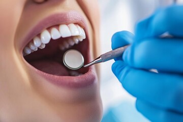 Obraz premium Dental checkup close-up: open mouth exam with mirror and blue gloves