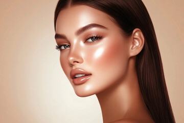 Naklejka premium A close-up portrait of a woman with flawless, glowing skin, glossy lips, and sleek, straight brown hair, set against a soft beige background, emphasizing beauty and elegance