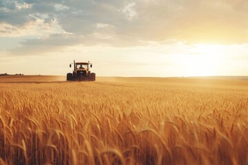 Naklejka premium Tractor harvesting wheat at sunset on a golden farm field under a cloudy sky