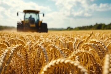 Golden wheat field with tractor harvesting under bright sky
