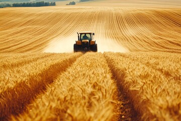 Obraz premium Tractor harvesting golden wheat fields during summer at sunset