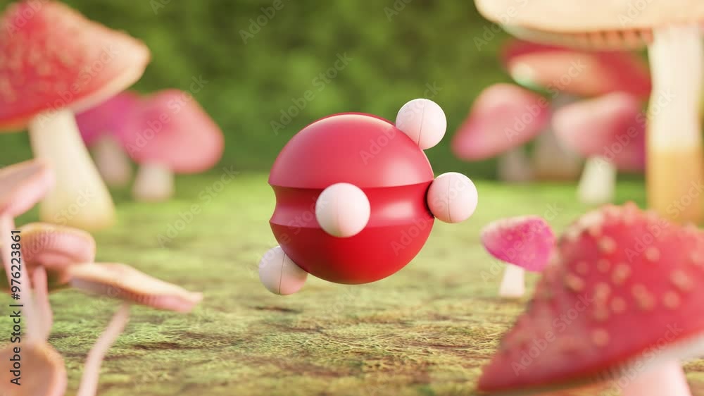 Aufkleber 3d animation loop of levitating sphere with small plastic balls rolling in orbit near mushrooms