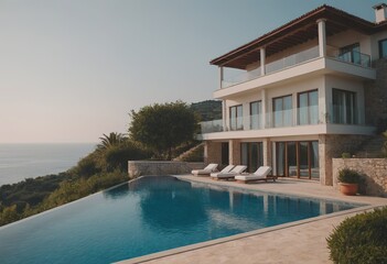 Fototapeta premium A beautiful white house with a refreshing pool in front