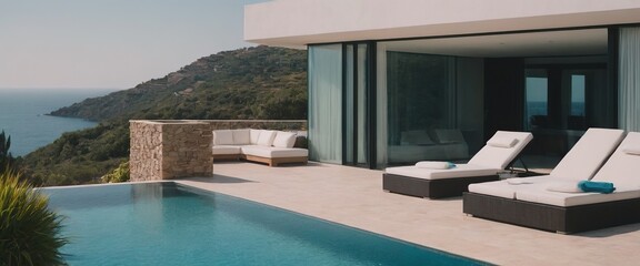 Fototapeta premium A beautiful white house with a refreshing pool in front