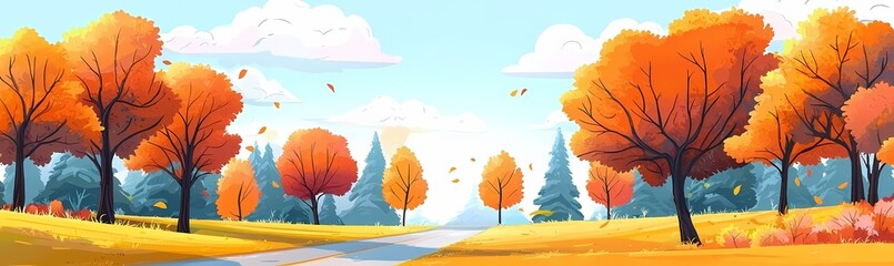 Colorful autumn landscape with vibrant orange trees and a serene road ahead.