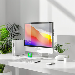 computer desktop monitor workspace office technology screen modern device white plant sunlight minimal keyboard mouse sleek display indoor setup 