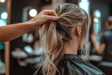 Fototapeta premium Professional hair styling session at modern salon