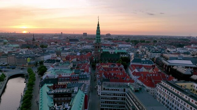 4K Aerial video of downtown Copenhagen in Denmark at sunrise.