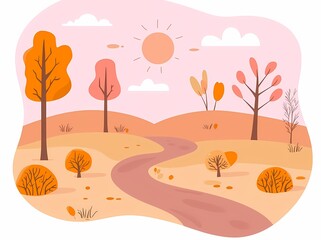 A colorful autumn landscape with orange trees and a winding path under a pink sky.