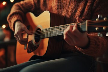Obraz premium Cozy evening acoustic guitar playing by the fireplace