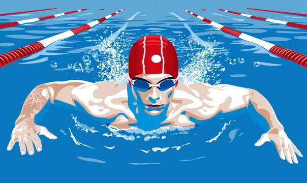 A competitive swimmer glides through crystal-clear water, showcasing athleticism and determination during an intense race in a sleek Olympic-style pool