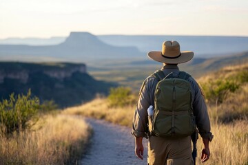 Backpacker exploring scenic trail in vast western landscape at sunset
