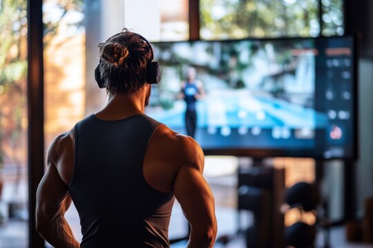 Man exercising with online fitness class on tv at home gym for remote workout