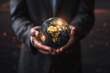 Fototapeta premium Businessman holding a digital earth with a global network and connectivity icon, depicting a business technology concept on a dark background.