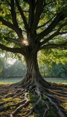 A majestic centenarian tree with a massive trunk sprawling roots stands proudly in a serene park
