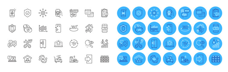 Smartphone clean, Search and Faq line icons pack. Star, Time management, Refrigerator web icon. Electric bike, Calendar, Award app pictogram. Storage, Cut ribbon, Call center. Vr. Vector